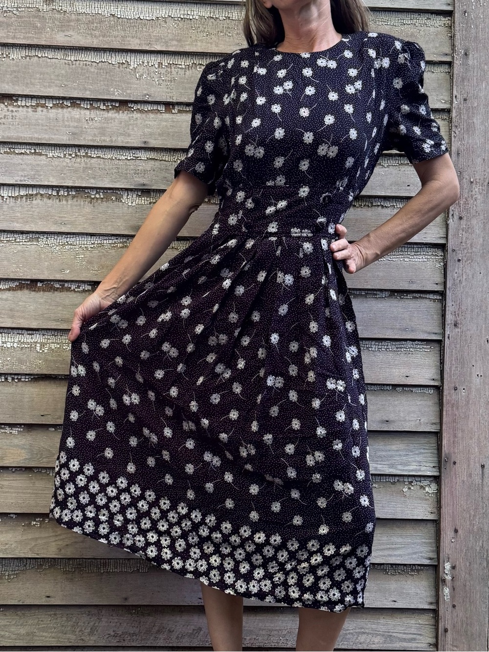VTG Midnight Blue and White Floral Midi Tea Dress